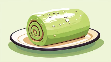 Fotobehang flat illustration matcha roll cake . simple stylish matcha cake on green background © Aura