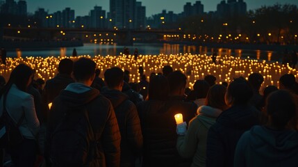 A moving scene during Earth Hour, where a diverse group of individuals gathers in candlelight