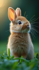 A cute little rabbit playing happily on the lawn