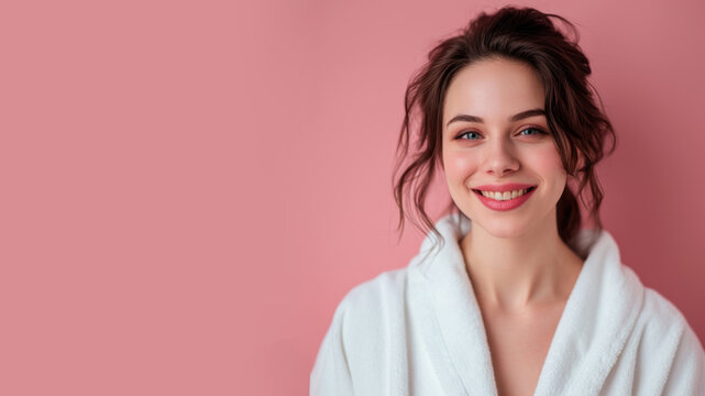 Brunette woman in bathrobes, female body care and pampering in hotel spa