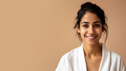 Indian woman in bathrobes, female body care and pampering in hotel spa - obrazy, fototapety, plakaty