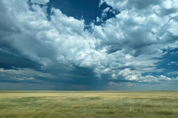 Distant thunderstorm looming over a vast plain