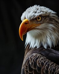 Obraz premium Portrait macro side view of Bald Eagle on the dark background AI Generative
