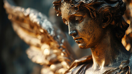 Statue grecque sculptée, en or d'un personnage, d'un ange avec des ailes. Culture, antique, monument. Pour conception et création graphique. - obrazy, fototapety, plakaty