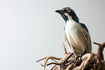 Mystic portrait of Bali Starling Bird standing on wood root on the white background AI Generative
