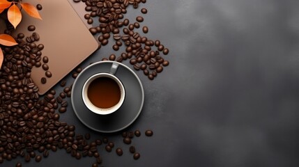 Flat lay composition with cup of coffee and office accessories on gray background  AI generated