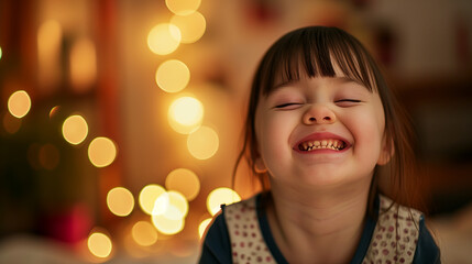 ダウン症の女の子の満面の笑み、背景室内のライトのボケ