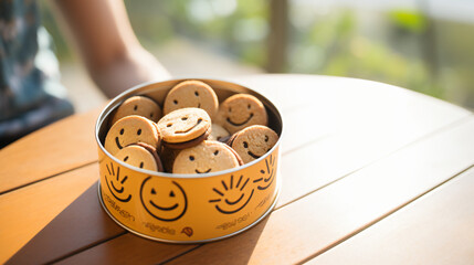 かわいいにっこりの顔が書いてある丸いクッキーがたくさん詰められているクッキー缶の引き写真、外にある丸い木の机の上