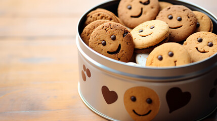 かわいいにっこりの顔が書いてある丸いクッキーがたくさん詰められているクッキー缶のアップ写真、木製の机の上