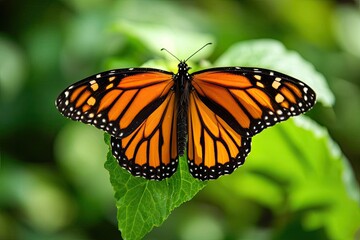 Bright orange monarch butterfly on a leaf