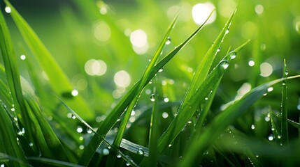 Fresh raindrops on green blades of grass reflecting the suns rays  AI generated