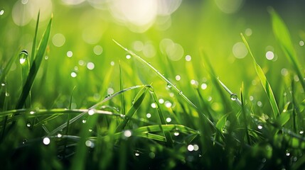 Fototapeta premium Fresh raindrops on green blades of grass reflecting the suns rays AI generated
