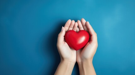 hands hold a red heart on a blue background  AI generated