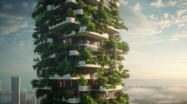 A futuristic skyscraper adorned with vertical gardens, solar panels, and innovative eco-friendly designs