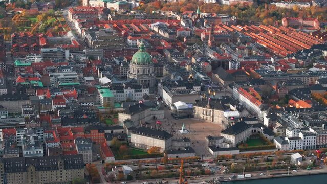 Tight slow circling aerial shot over Amalienborg and Fredriks kirke Copenhagen