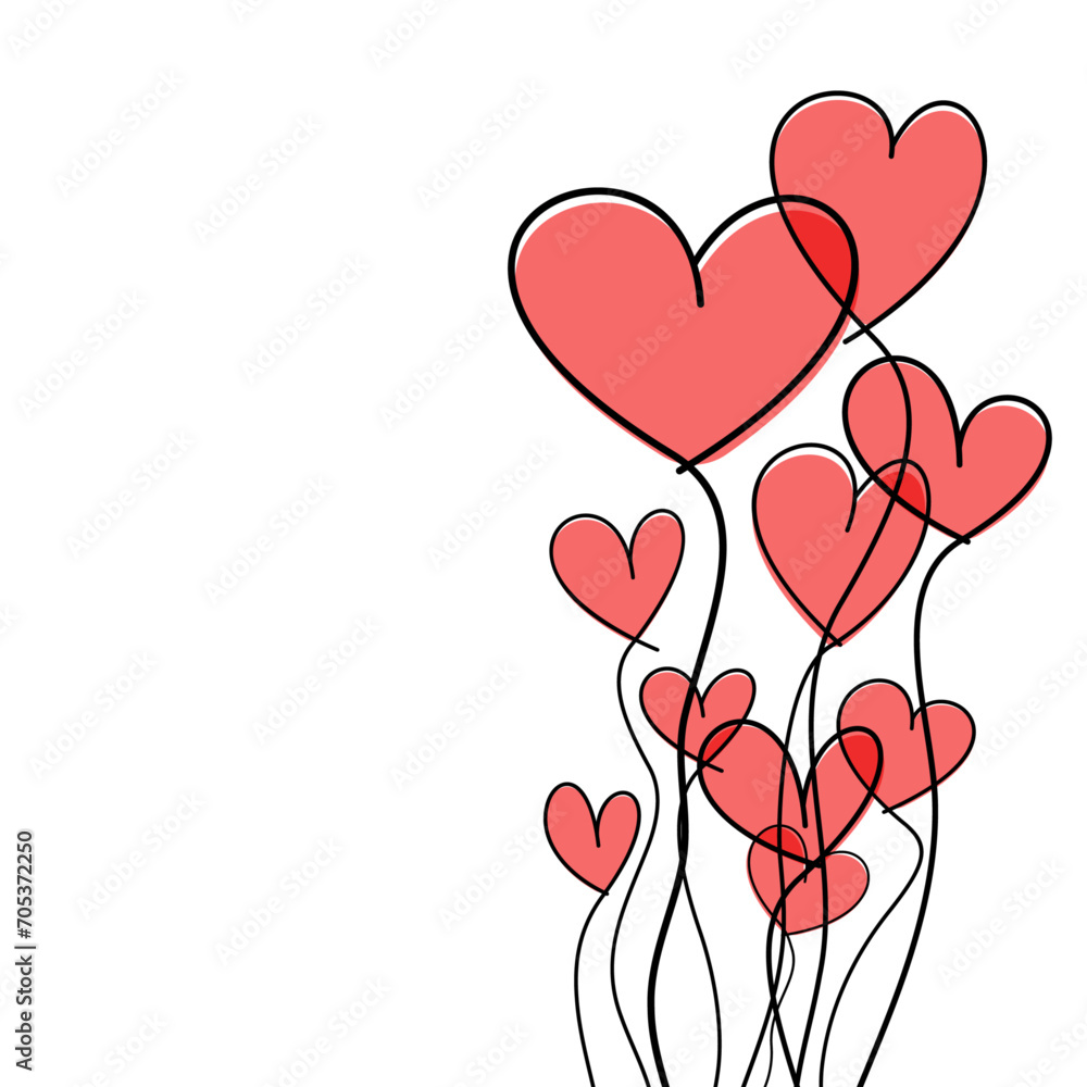 Wall mural Pink balloon hearts, wavy line art drawing on white background.