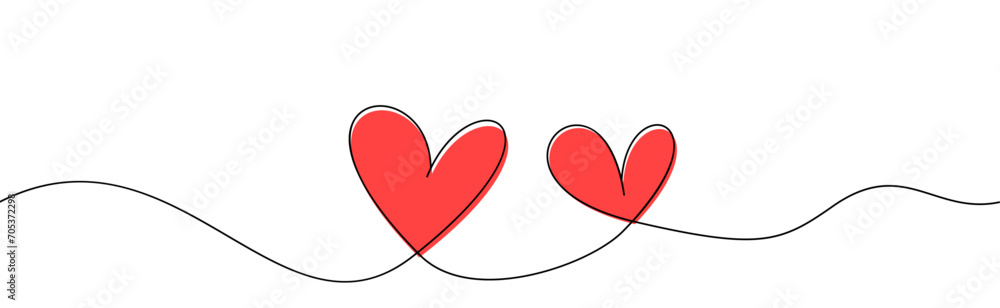 Canvas Prints two red hearts continuous wavy line art drawing on white background.