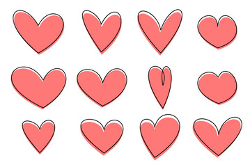 Set of pink hearts icons. Hand drawn line art effect, Happy Valentine's day card or banner or letter template.