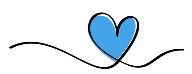 Single blue heart continuous wavy line art drawing on white background.