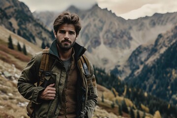 Obraz premium Male model in a rugged outdoor look posing in a mountainous terrain