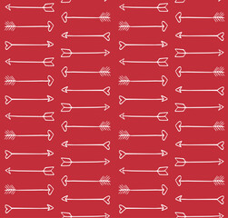 Vector seamless pattern of hand drawn sketch Valentine’s cupid arrows isolated on red background