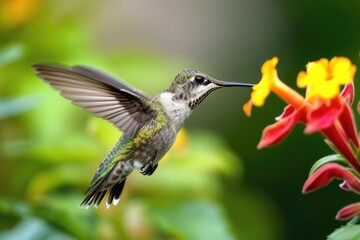 Fototapeta premium Fluttering hummingbird sipping nectar from a bloom