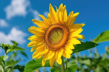 Freshly bloomed sunflower against a blue sky