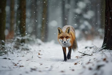 Lone fox prowling through a snowy forest at dusk