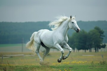 Obraz na płótnie Canvas Majestic white stallion galloping in a meadow