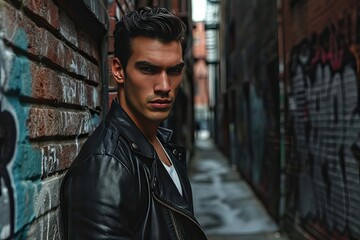 Fototapeta premium Male fashion model in a leather jacket Giving a smoldering look in an alleyway
