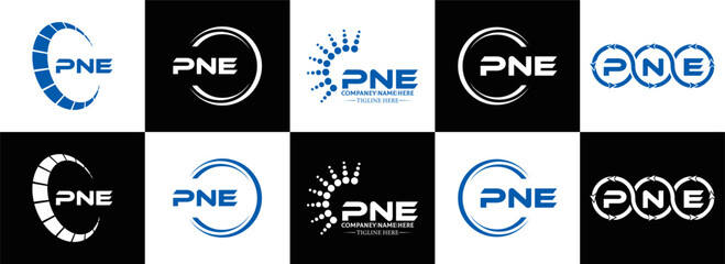 PNE logo. P N E design. White PNE letter. PNE, P N E letter logo design. Initial letter PNE letter logo set, linked circle uppercase monogram logo. P N E letter logo vector design.	
