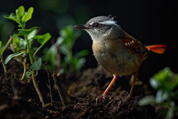 Mystic portrait of bar-winged Prinia standing on the ground with green leaf AI Generative