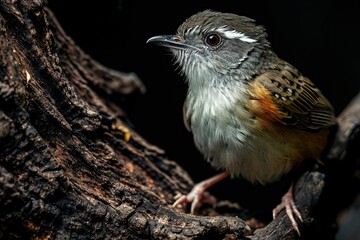 Portrait beautiful of bar-winged Prinia standing on wood branch AI Generative