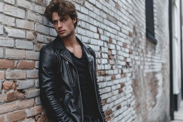 Fototapeta na wymiar Male model leaning against an urban brick wall Dressed in a leather jacket exuding a cool vibe
