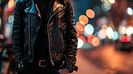 toughen up your style with a black leather jacket, graphic tshirt, and slim pants for a rebellious look. - obrazy, fototapety, plakaty
