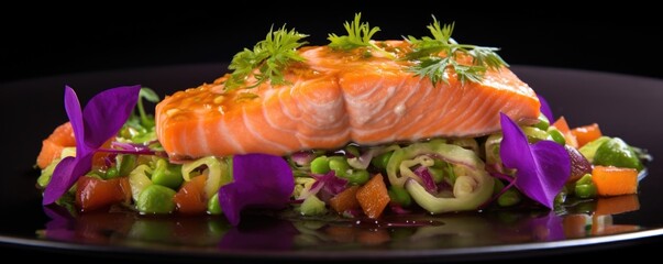 A visually stunning dish featuring cubes of succulent salmon, glistening in a tangy marinade of lime juice, cilantro, and a touch of chili flakes. The vibrant pink fish is surrounded by