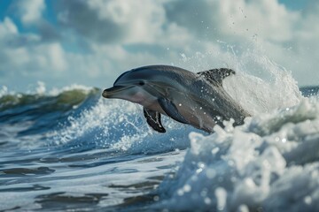 Naklejka premium Playful dolphin leaping out of ocean waves