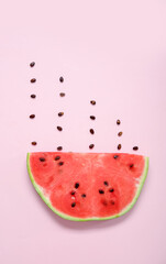 Composition with piece of ripe watermelon and seeds on pink background
