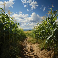 Obraz premium path in a corn plantation in sunny weather