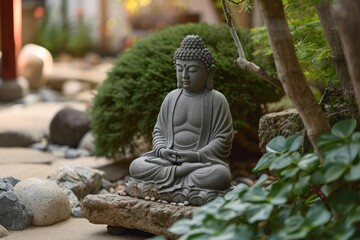 Serene buddha statue in a zen garden