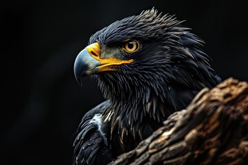 Obraz premium Portrait majestic of Black Eagle with old log on black background AI Generative