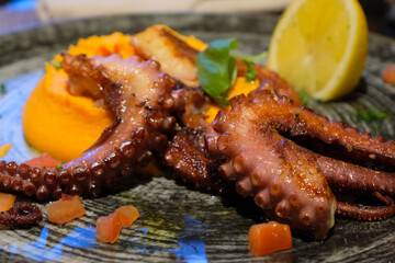 Grilled octopus with sweet potato puree on a plate closeup
