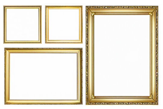 Set of Gold vintage picture frame isolated on white. Empty Golden photo borders.