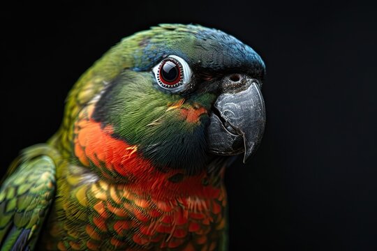 Portrait macro of Blue-faced Parrot Finch in dark background AI Generative