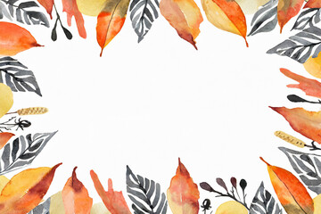 Fototapeta na wymiar Frame of watercolor abstract background autumn collection with seasonal leaves.