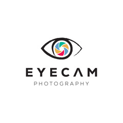 The human eye logo, photographer or photo studio logotype, the pupil in the form of the lens aperture - obrazy, fototapety, plakaty