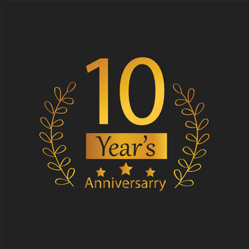 10 year anniversary celebration banner template design. 10 years experience logo or 10 years logo vector on white and black background. Gold color 10 year anniversary vector.