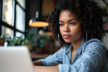 Young serious concerned African American businesswoman sitting at desk looking laptop computer in contemporary corporation office. Business technologies concept. Close up, Generative AI 