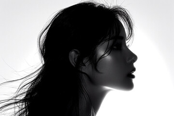 Dark silhouette of young woman on white background side view.