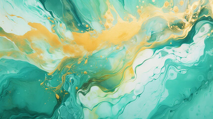 Fototapeta na wymiar Gold and Turquoise overflowing colors. Liquid acrylic picture that flows and splash. Fluid art texture design. Background with floral mixing paint effect. Mixed paints for posters or wallpapers